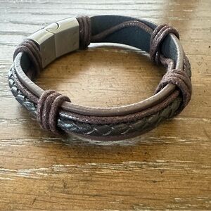 LYNX Men's Brown Leather and Stainless Steel Bracelet